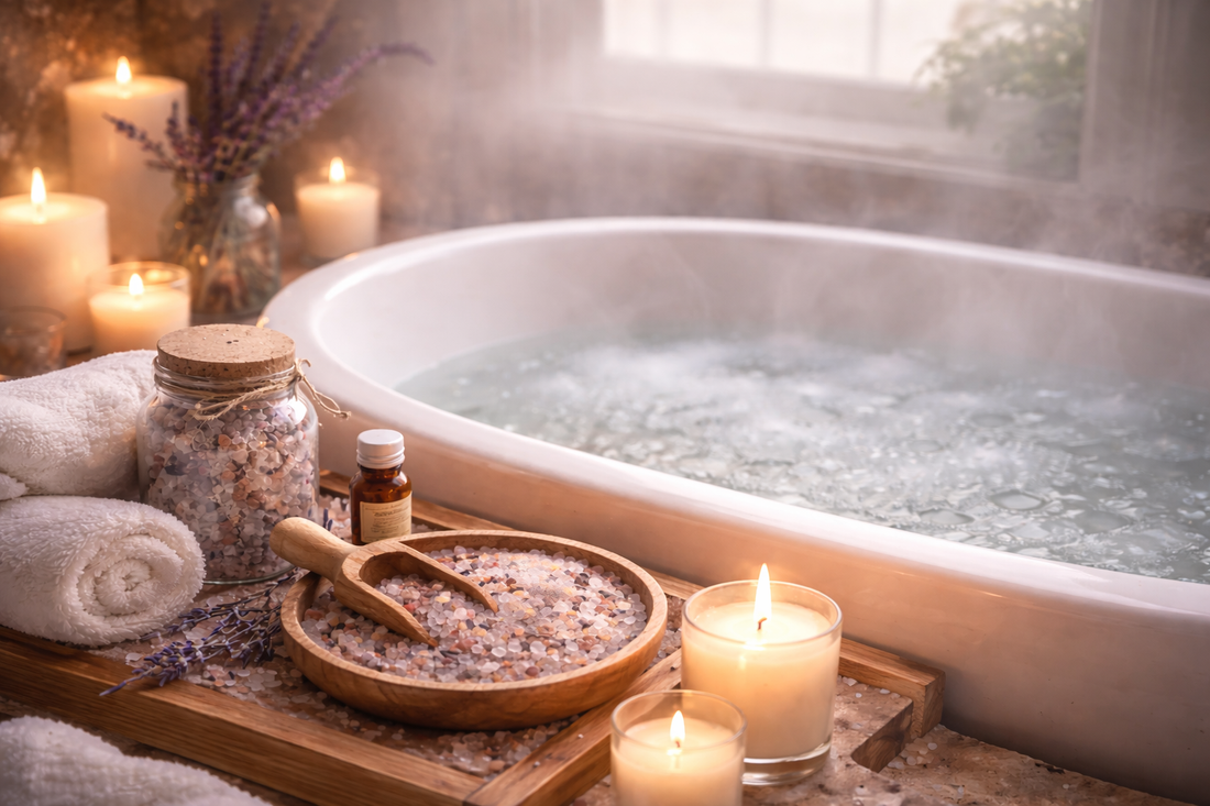 Steamy bath with bath salts and candlelight