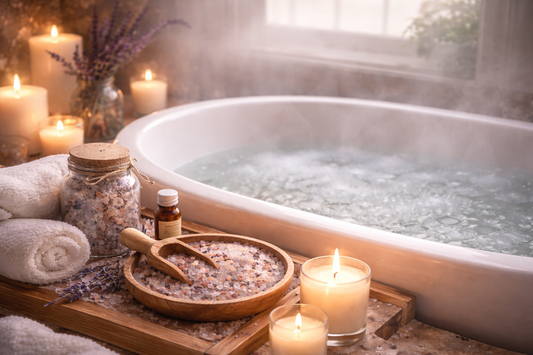 Steamy bath with bath salts and candlelight