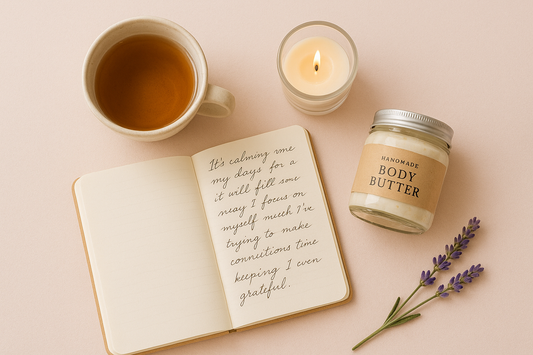 A flatlay image of a cup of tea, a candle, journal, jar of body butter and a sprig of lavender.