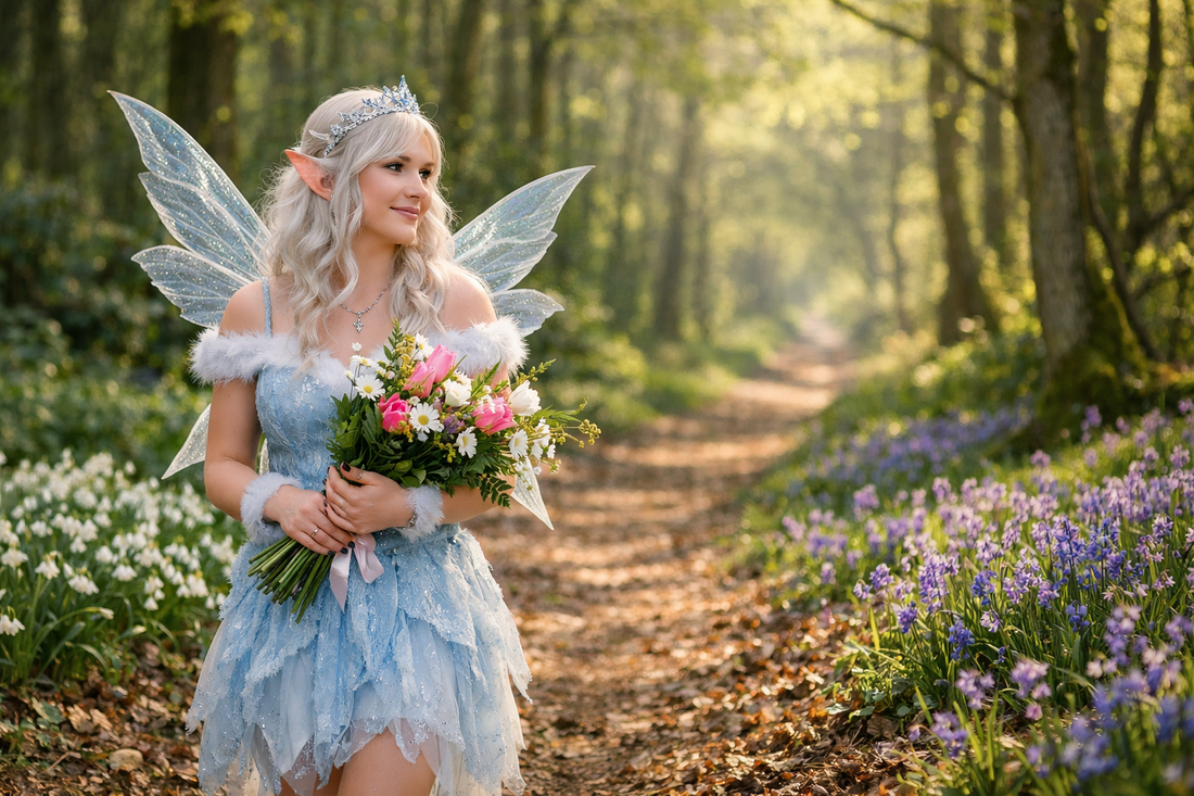 Ice Pixie walking through the woods carrying some Mother's Day flowers that she's picked on the way.