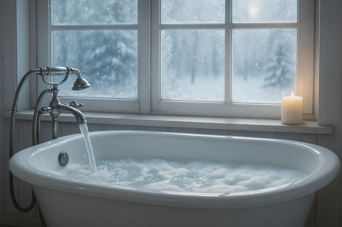Snowy window with a bath running in the background