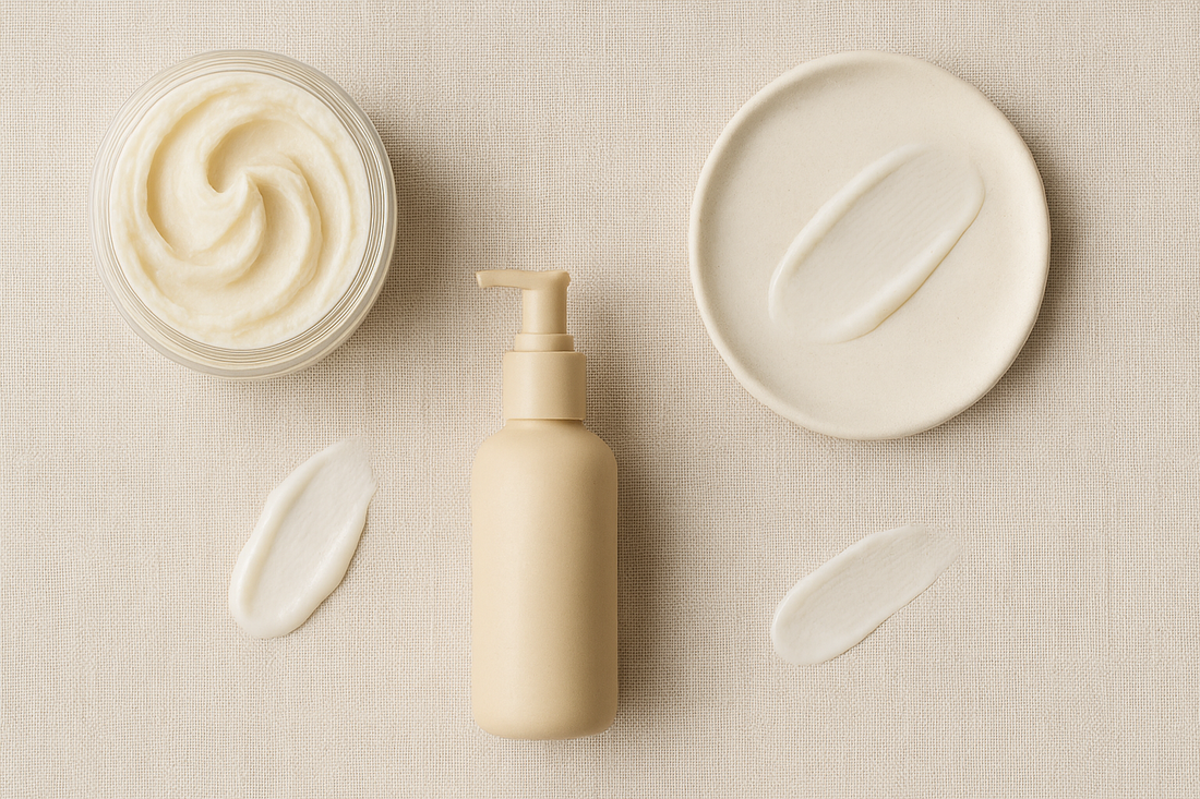 body lotion bottle and body butter jar on a minimal bathroom shelf