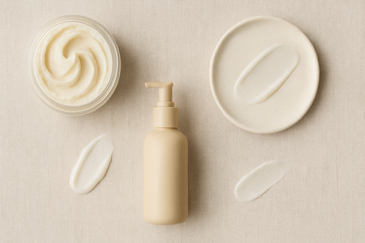 body lotion bottle and body butter jar on a minimal bathroom shelf