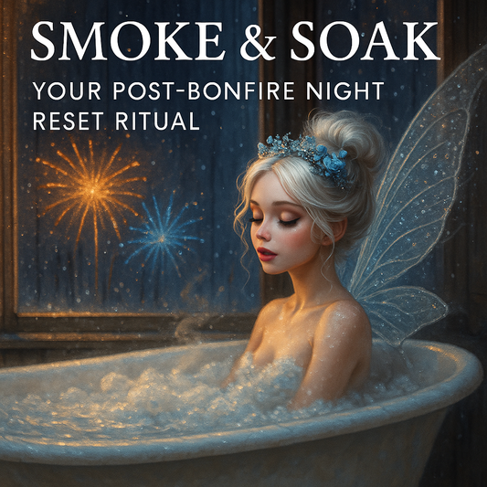 A magical fairy relaxes in a steamy bubble bath, surrounded by candlelight, with fireworks glowing through the window behind her. Her translucent wings shimmer gently, creating a cosy contrast to the cool night outside.