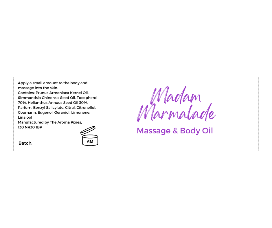 Madam Marmalade massage and body oil label showing ingredients and allergens.