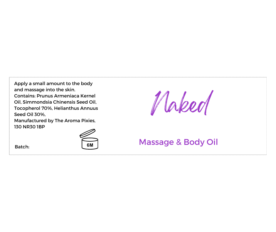 Massage and Body Oil label showing ingredients and allergens