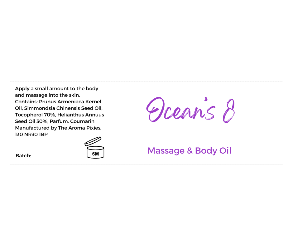 Ocean's 8 Massage and Body Oil label showing ingredients and allergens.