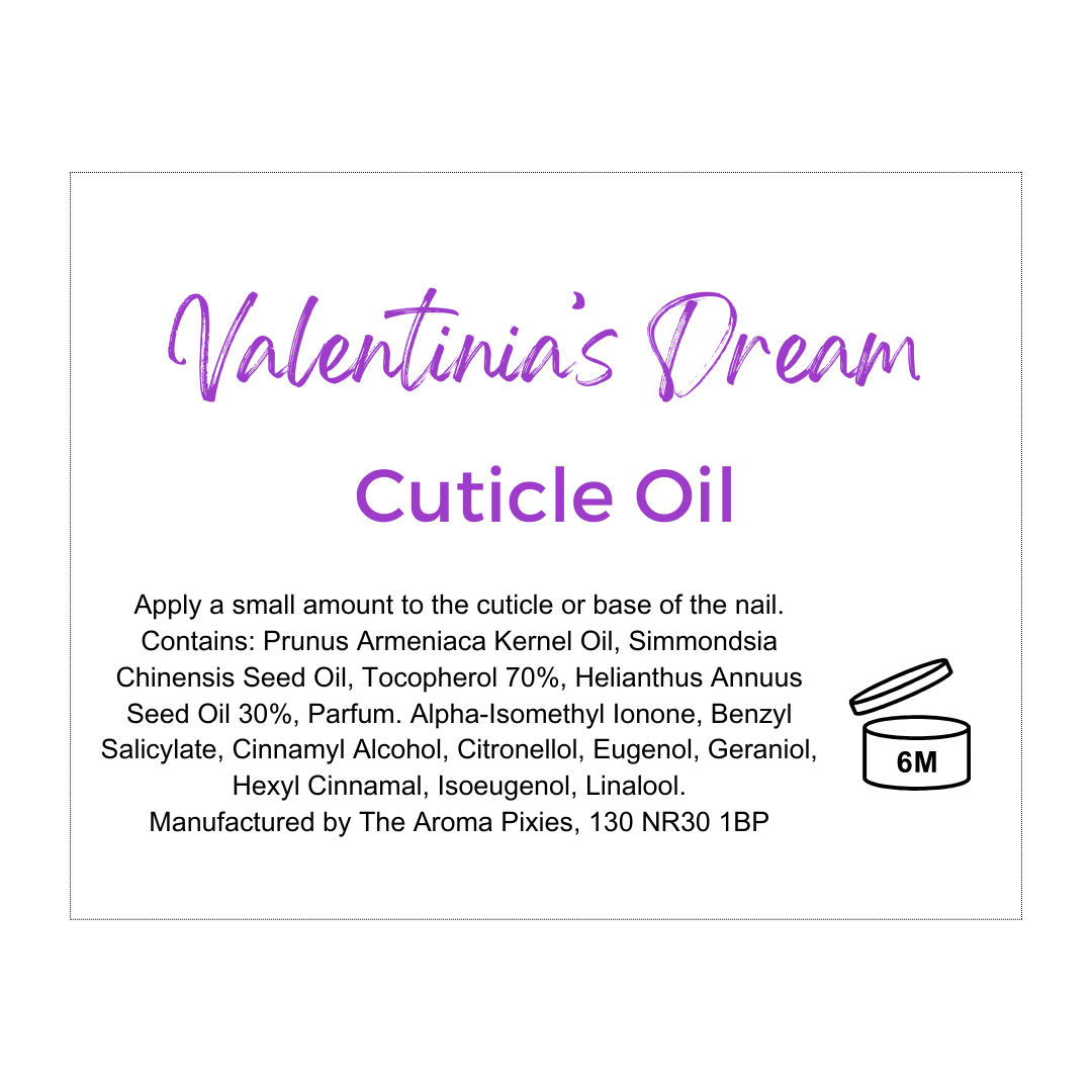 Valentinia's Dream cuticle oil label showing ingredients and allergens