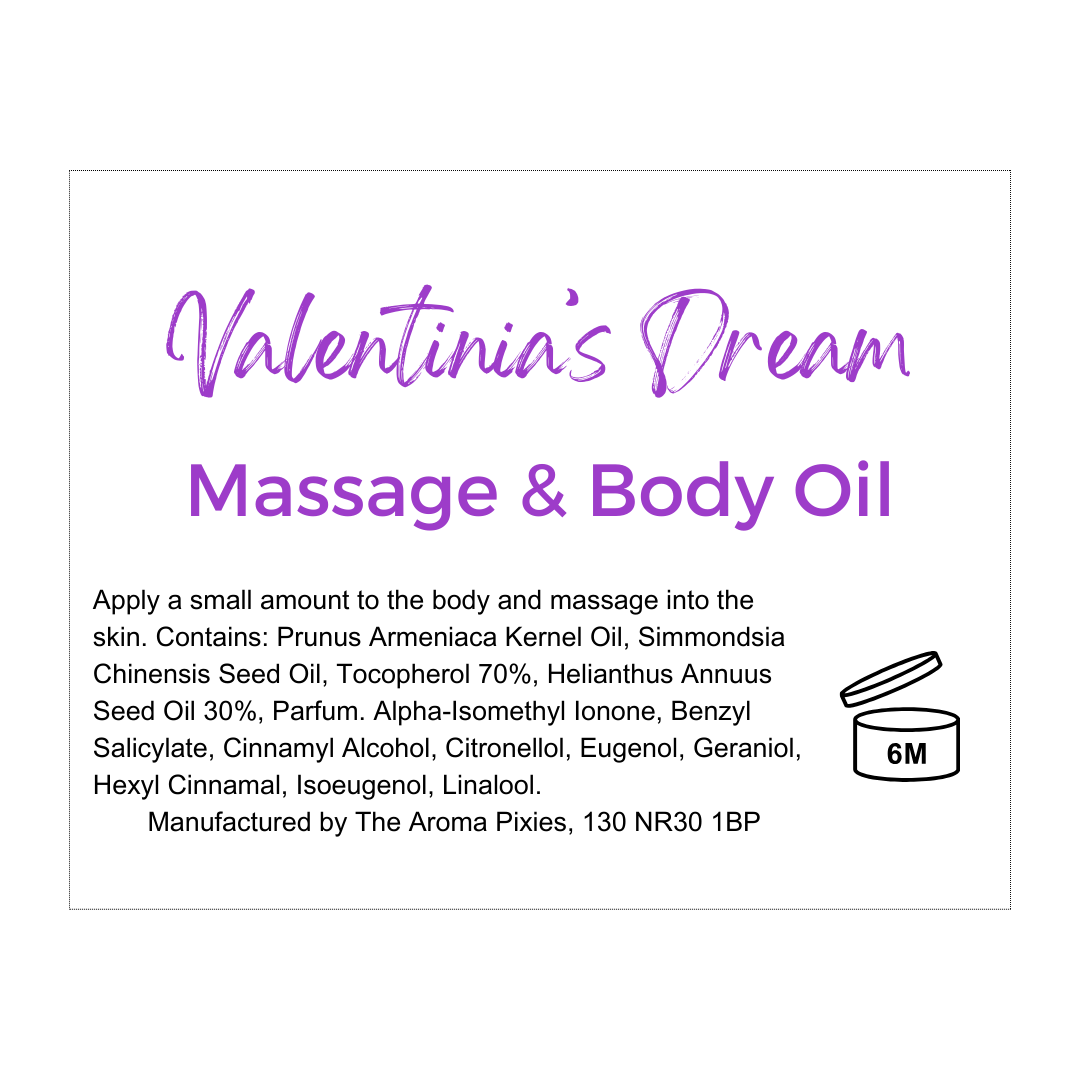 Valentinia's Dream Massage and Body Oil label showing ingredients and allergens.